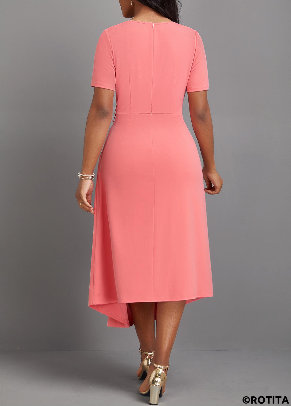 Pink dresses,Plain Color dresses,Party dresses,Elegant dresses,ROTITA Asymmetry Pink Round Neck Short Sleeve Dress