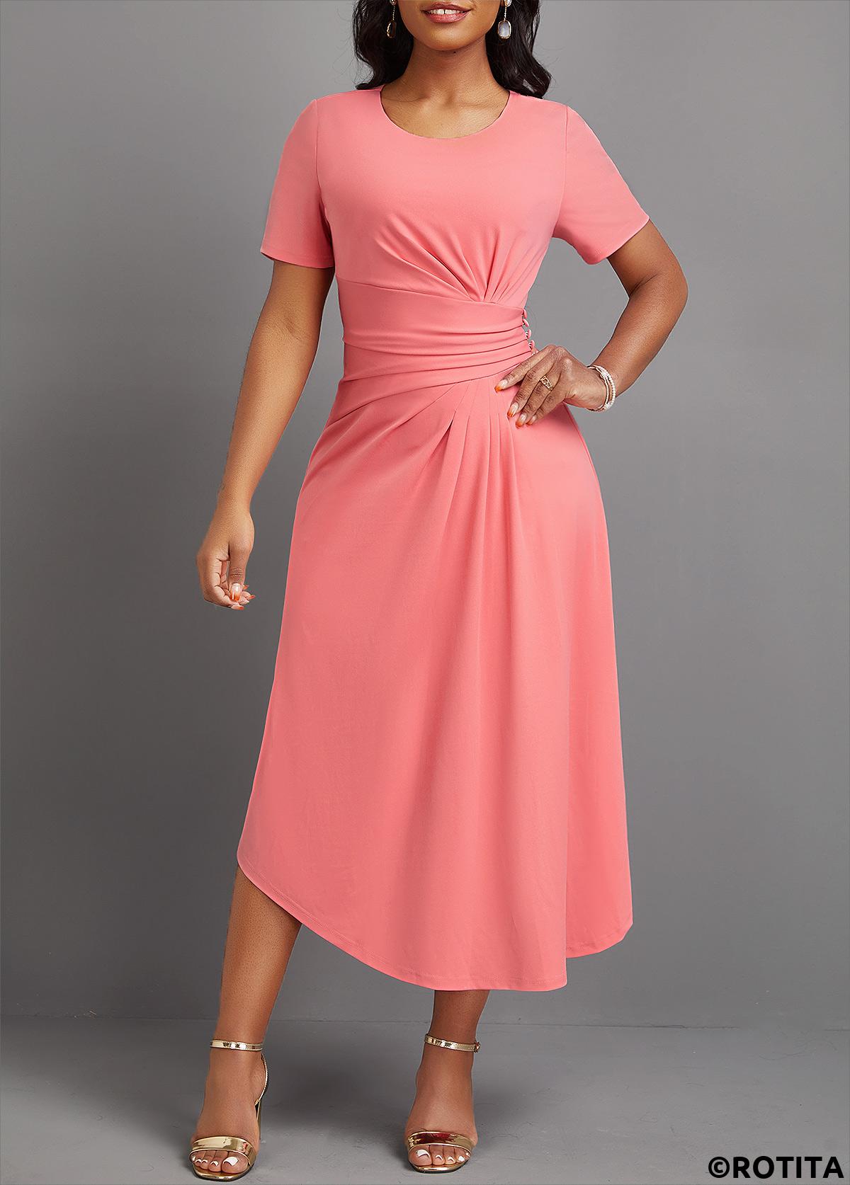 Pink dresses,Plain Color dresses,Party dresses,Elegant dresses,ROTITA Asymmetry Pink Round Neck Short Sleeve Dress