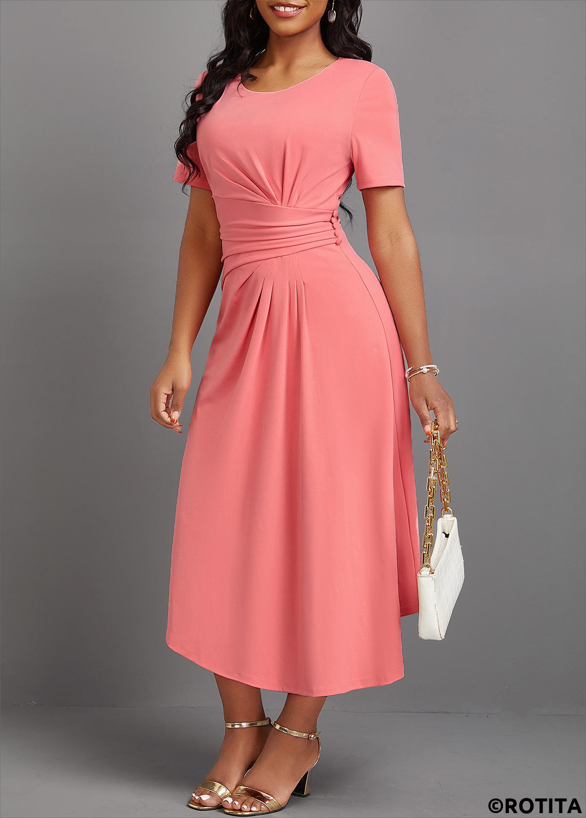 Pink dresses,Plain Color dresses,Party dresses,Elegant dresses,ROTITA Asymmetry Pink Round Neck Short Sleeve Dress