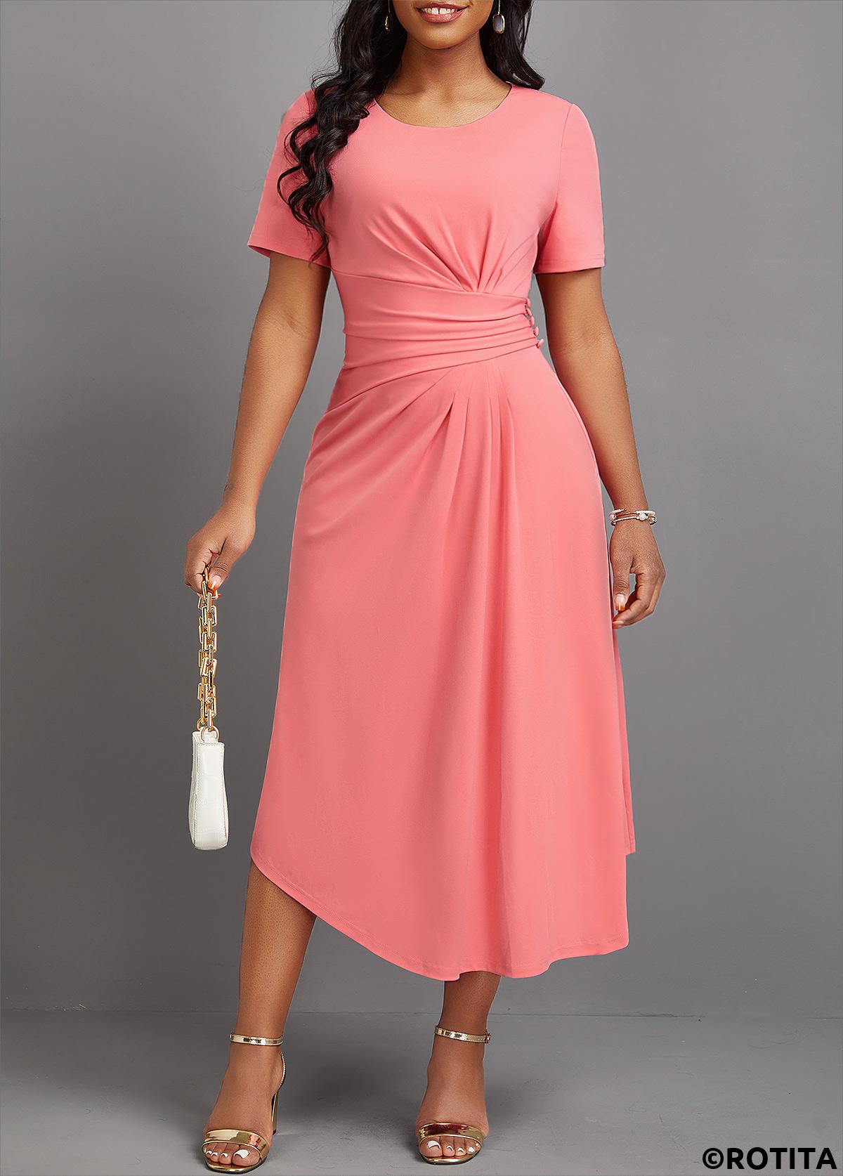 Pink dresses,Plain Color dresses,Party dresses,Elegant dresses,ROTITA Asymmetry Pink Round Neck Short Sleeve Dress