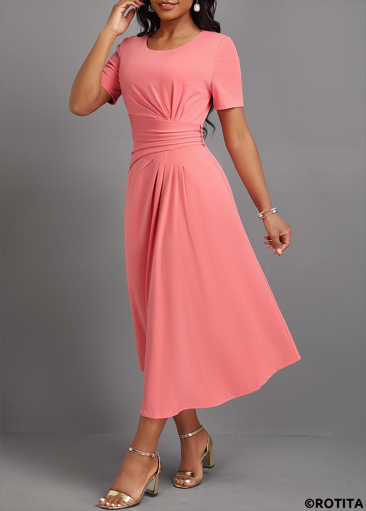 Pink dresses,Plain Color dresses,Party dresses,Elegant dresses,ROTITA Asymmetry Pink Round Neck Short Sleeve Dress