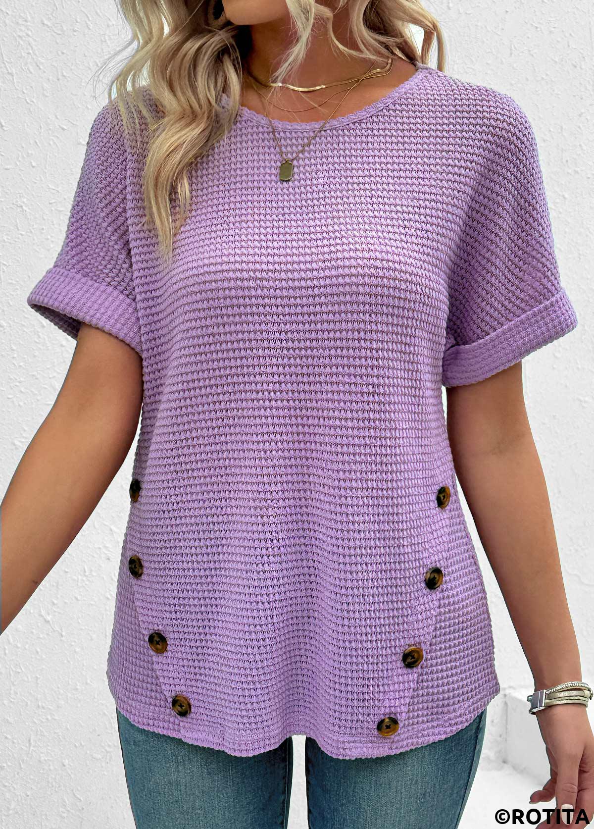 Light Purple tops,Plain Color tops,ROTITA Button Light Purple Round Neck Short Sleeve T Shirt