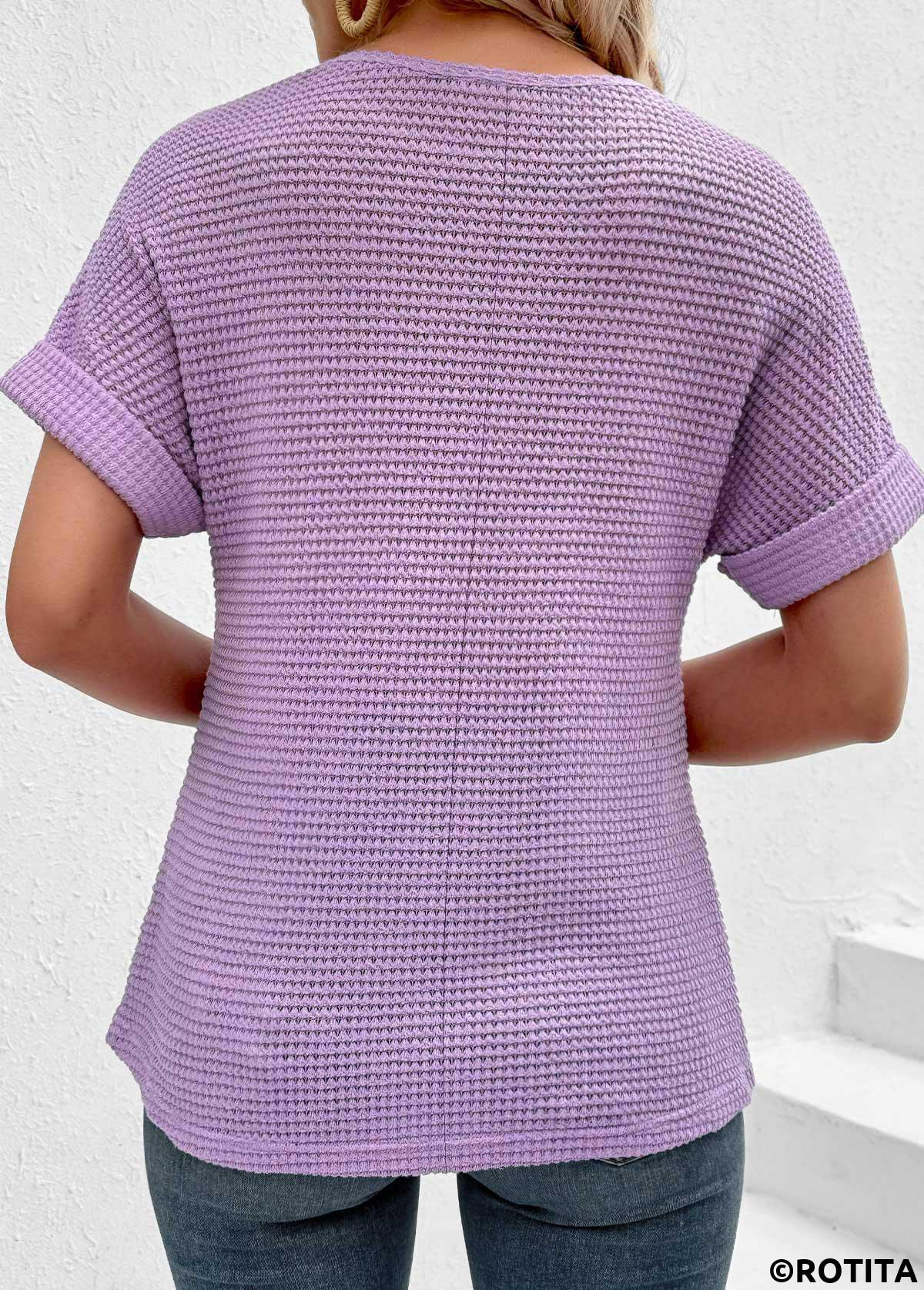 Light Purple tops,Plain Color tops,ROTITA Button Light Purple Round Neck Short Sleeve T Shirt