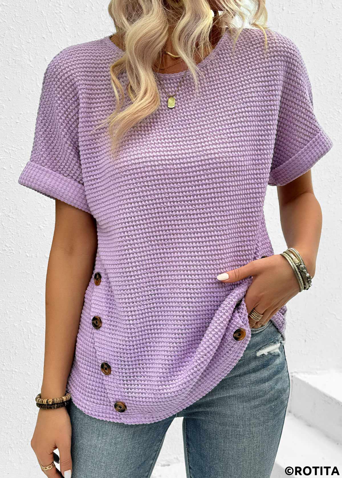 Light Purple tops,Plain Color tops,ROTITA Button Light Purple Round Neck Short Sleeve T Shirt