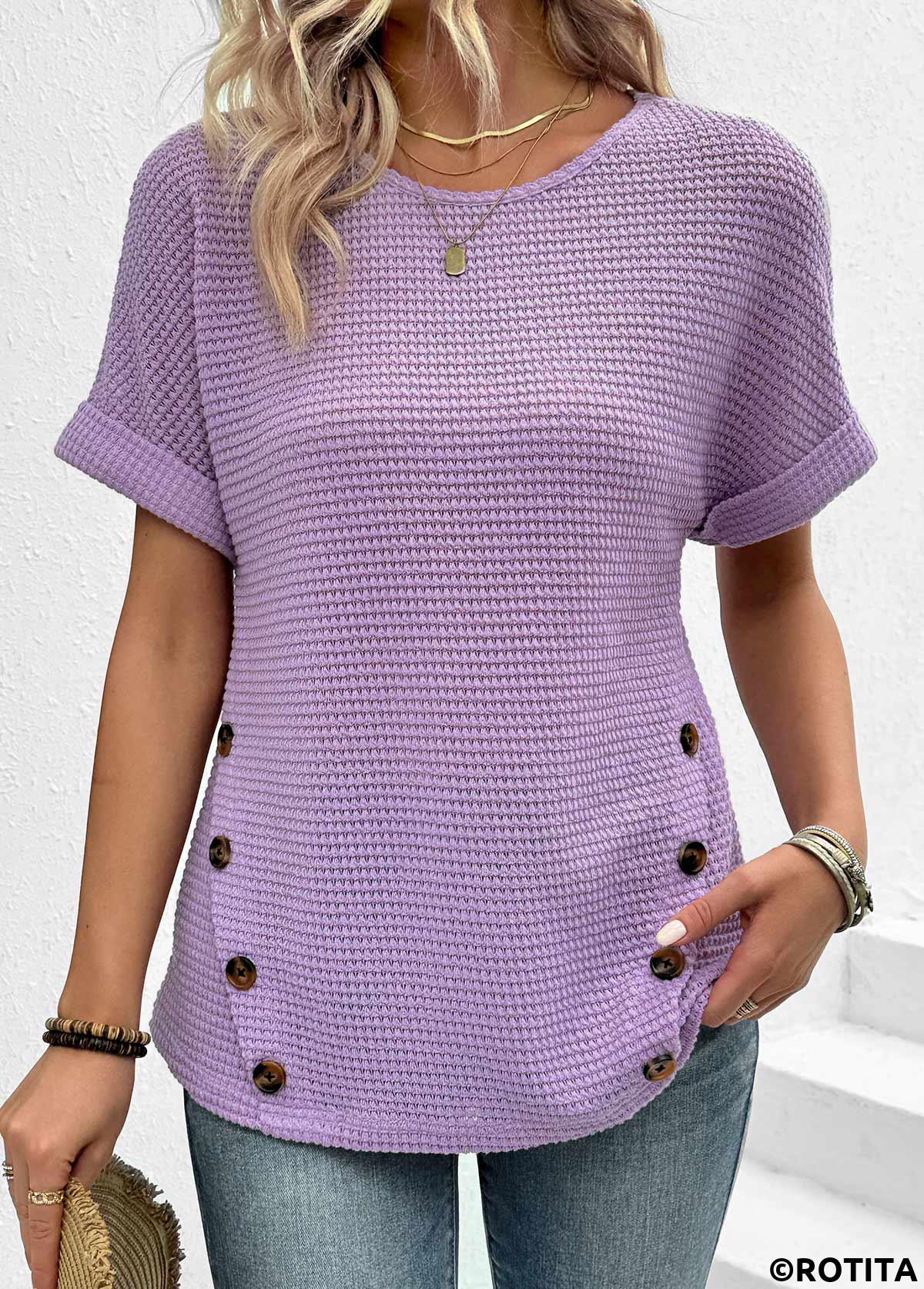 Light Purple tops,Plain Color tops,ROTITA Button Light Purple Round Neck Short Sleeve T Shirt