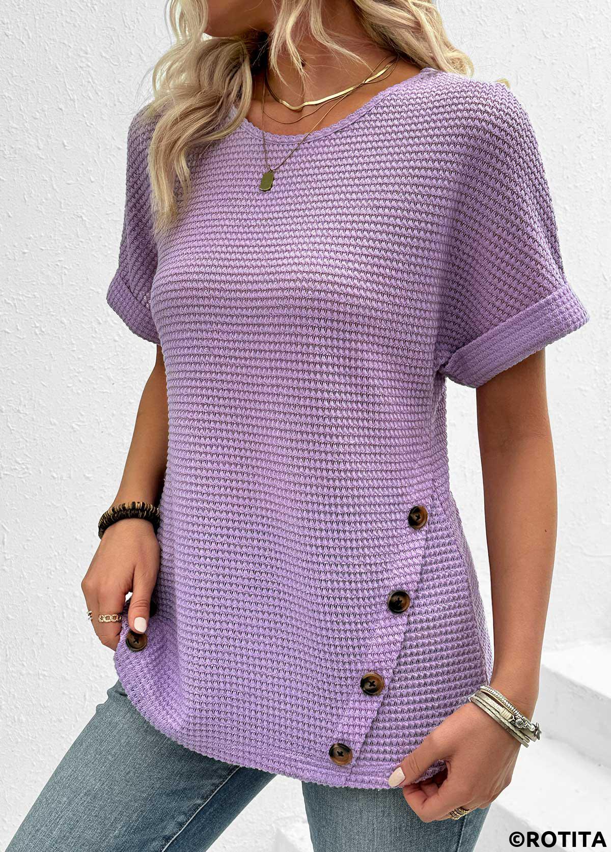 Light Purple tops,Plain Color tops,ROTITA Button Light Purple Round Neck Short Sleeve T Shirt