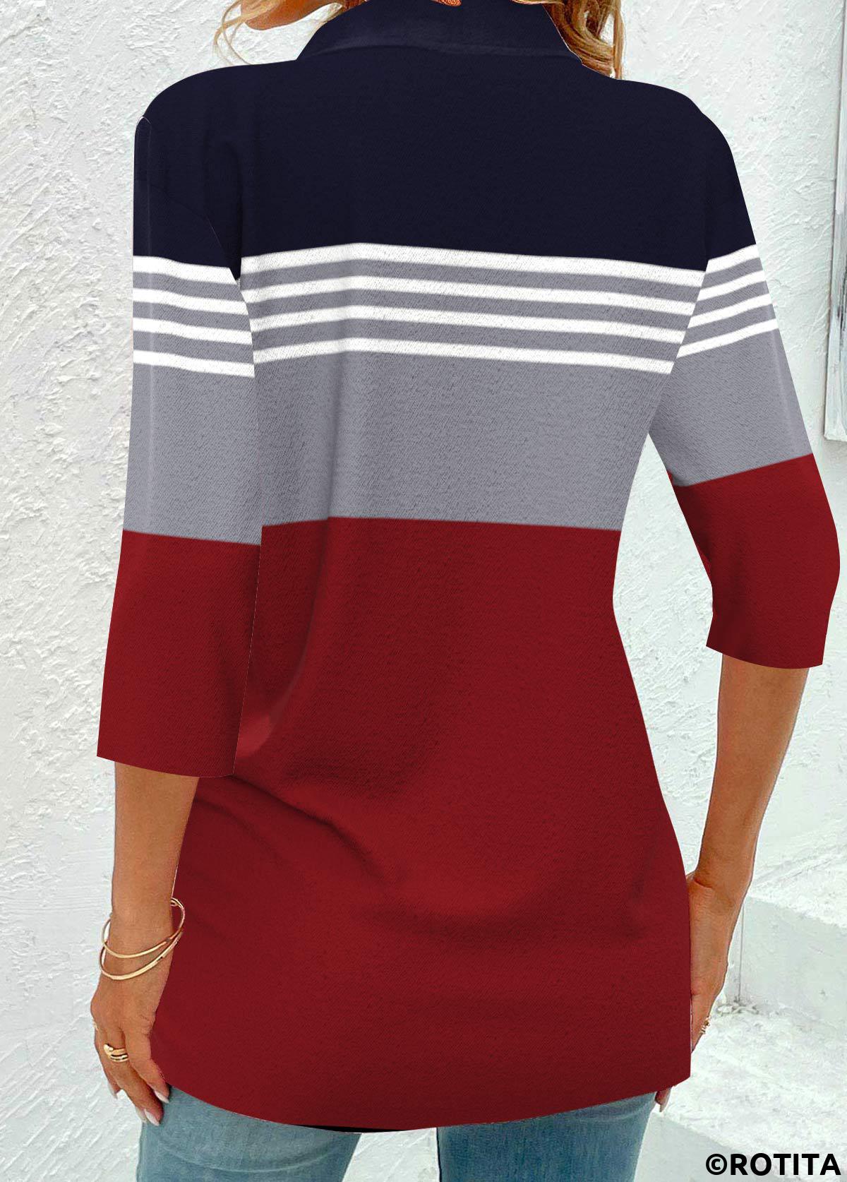 Navy tops,Wine Red tops,Striped tops,Geometric tops,ROTITA Eyelet Striped Navy Shirt Collar 3/4 Sleeve Blouse