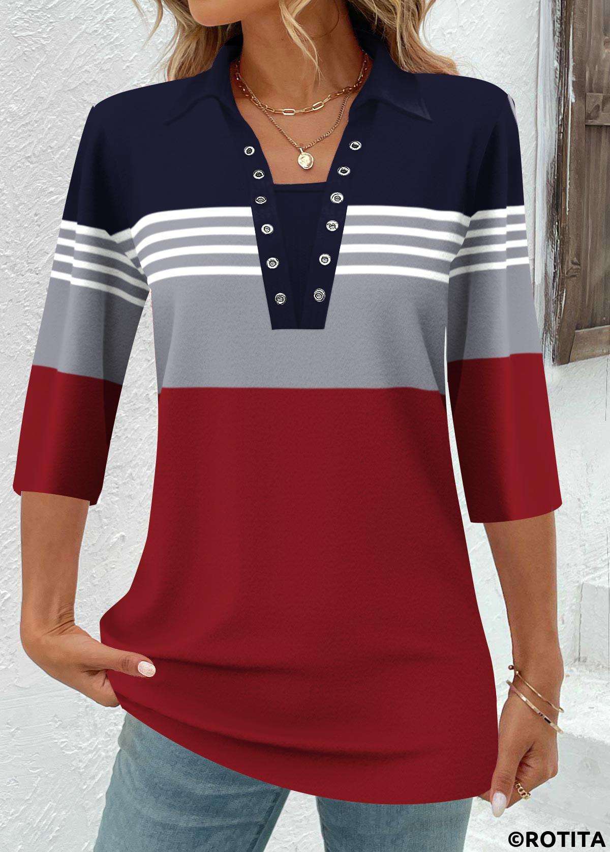 Navy tops,Wine Red tops,Striped tops,Geometric tops,ROTITA Eyelet Striped Navy Shirt Collar 3/4 Sleeve Blouse