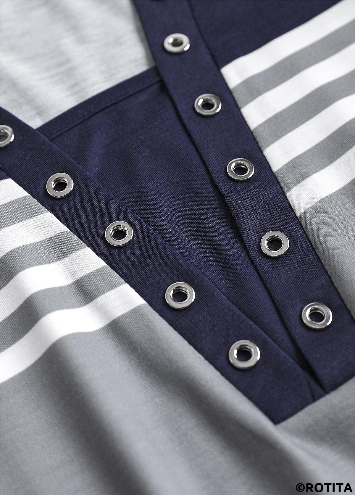 Navy tops,Wine Red tops,Striped tops,Geometric tops,ROTITA Eyelet Striped Navy Shirt Collar 3/4 Sleeve Blouse