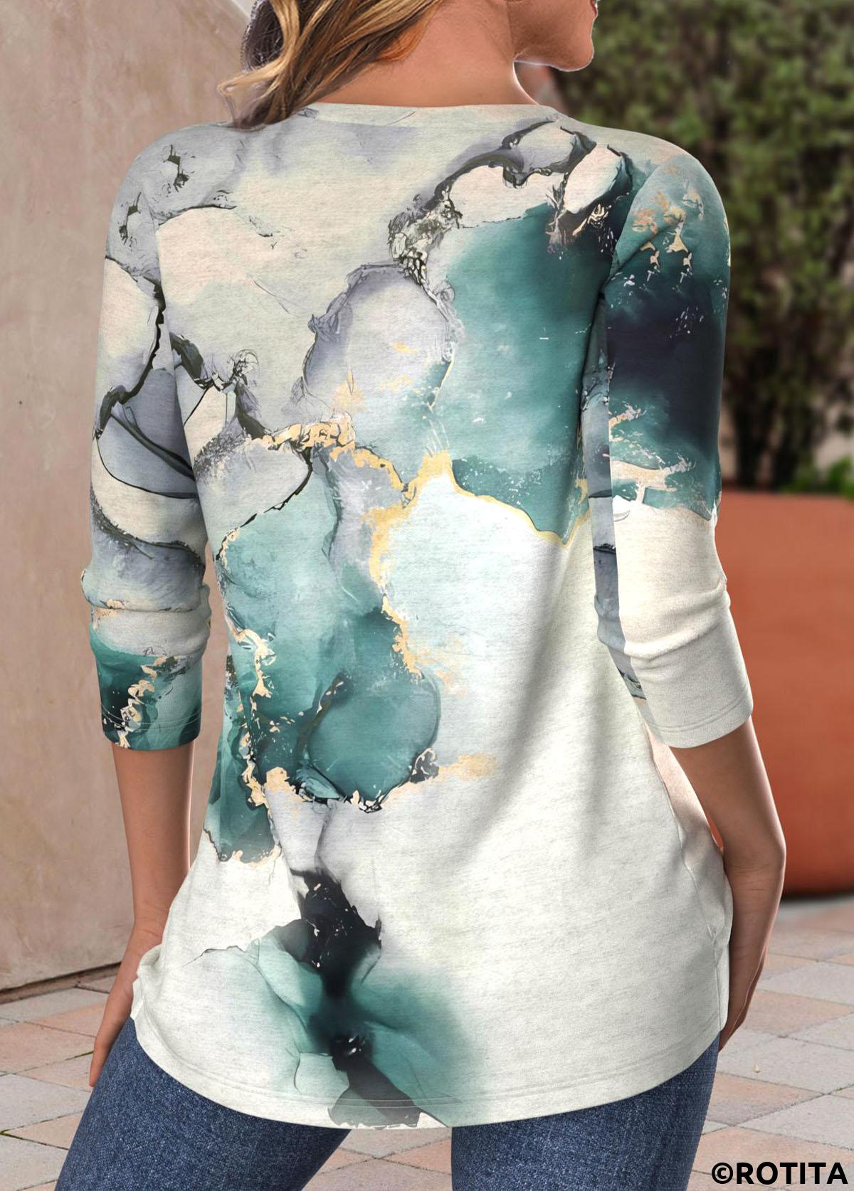 Turquoise tops,Marble tops,Striped tops,Geometric tops,ROTITA Criss Cross Marble Print Turquoise V Neck T Shirt