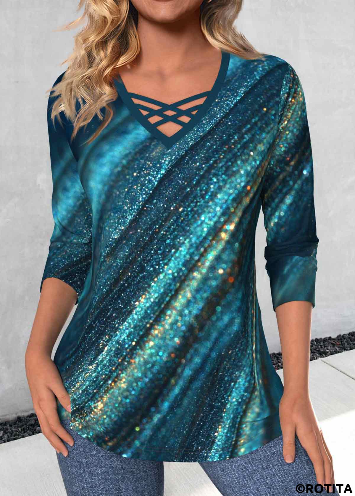 Peacock Blue tops,Ombre tops,Striped tops,Geometric tops,ROTITA Criss Cross Ombre Peacock Blue V Neck T Shirt
