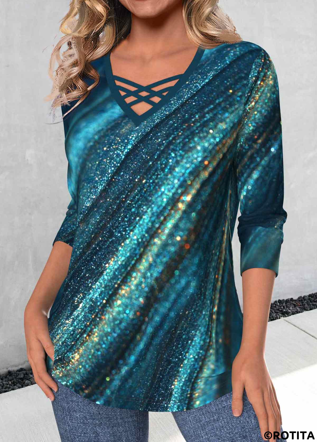 Peacock Blue tops,Ombre tops,Striped tops,Geometric tops,ROTITA Criss Cross Ombre Peacock Blue V Neck T Shirt