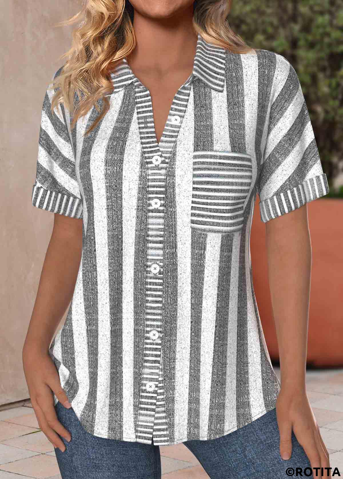 Light Grey Marl tops,White tops,Striped tops,Geometric tops,ROTITA Pocket Striped Light Grey Marl Shirt Collar Blouse