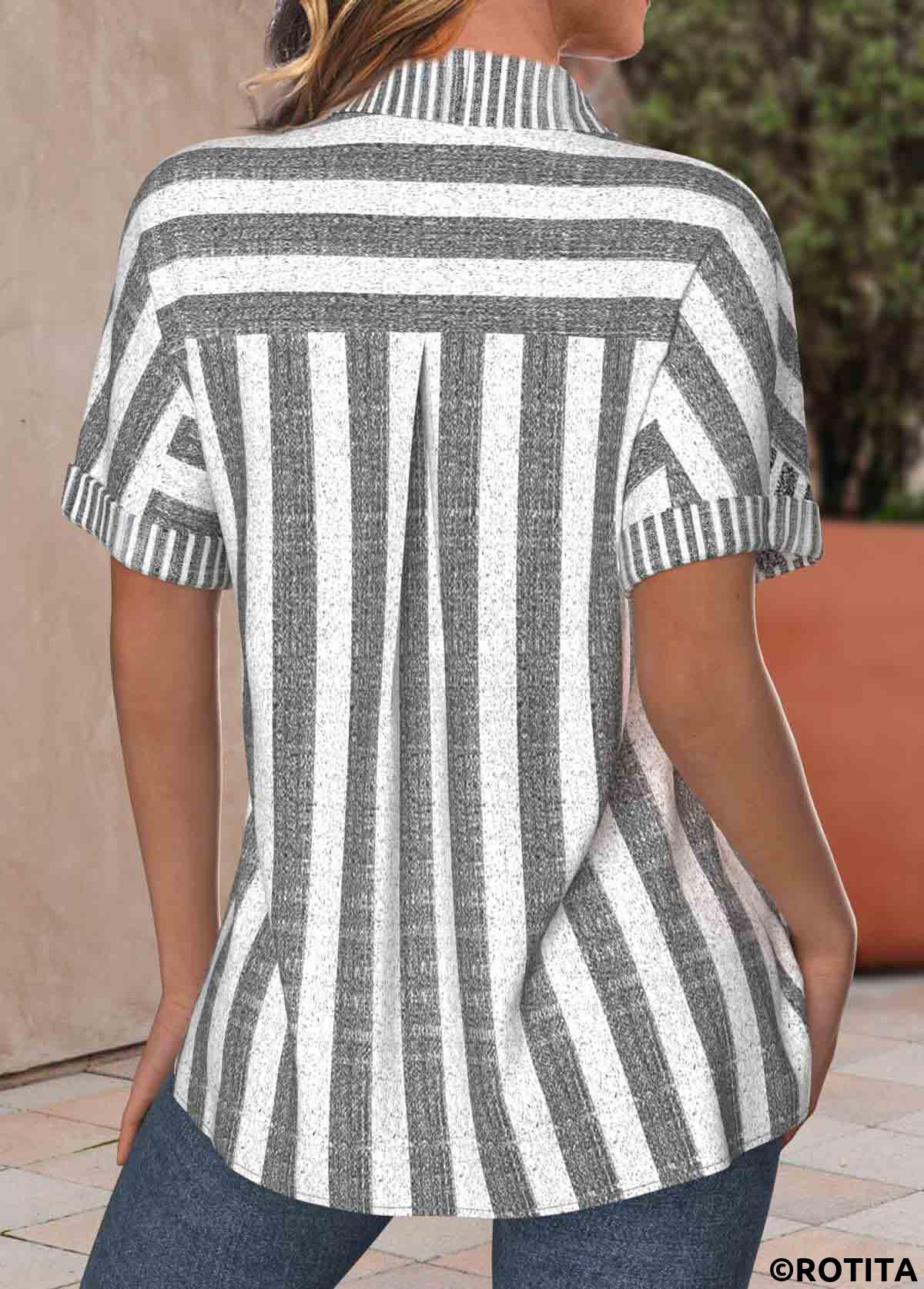 Light Grey Marl tops,White tops,Striped tops,Geometric tops,ROTITA Pocket Striped Light Grey Marl Shirt Collar Blouse