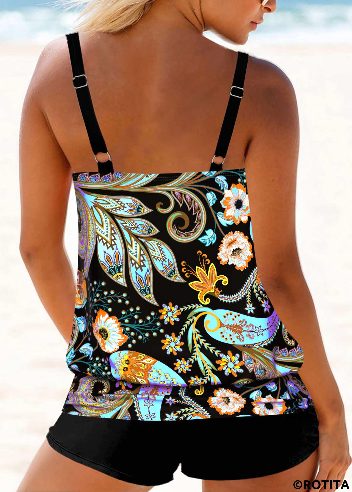 Black swimwear,Rainbow Color swimwear,Plants swimwear,Tribal swimwear,Geometric swimwear,Floral swimwear,ROTITA Patchwork Black Random Floral Print Tankini Set