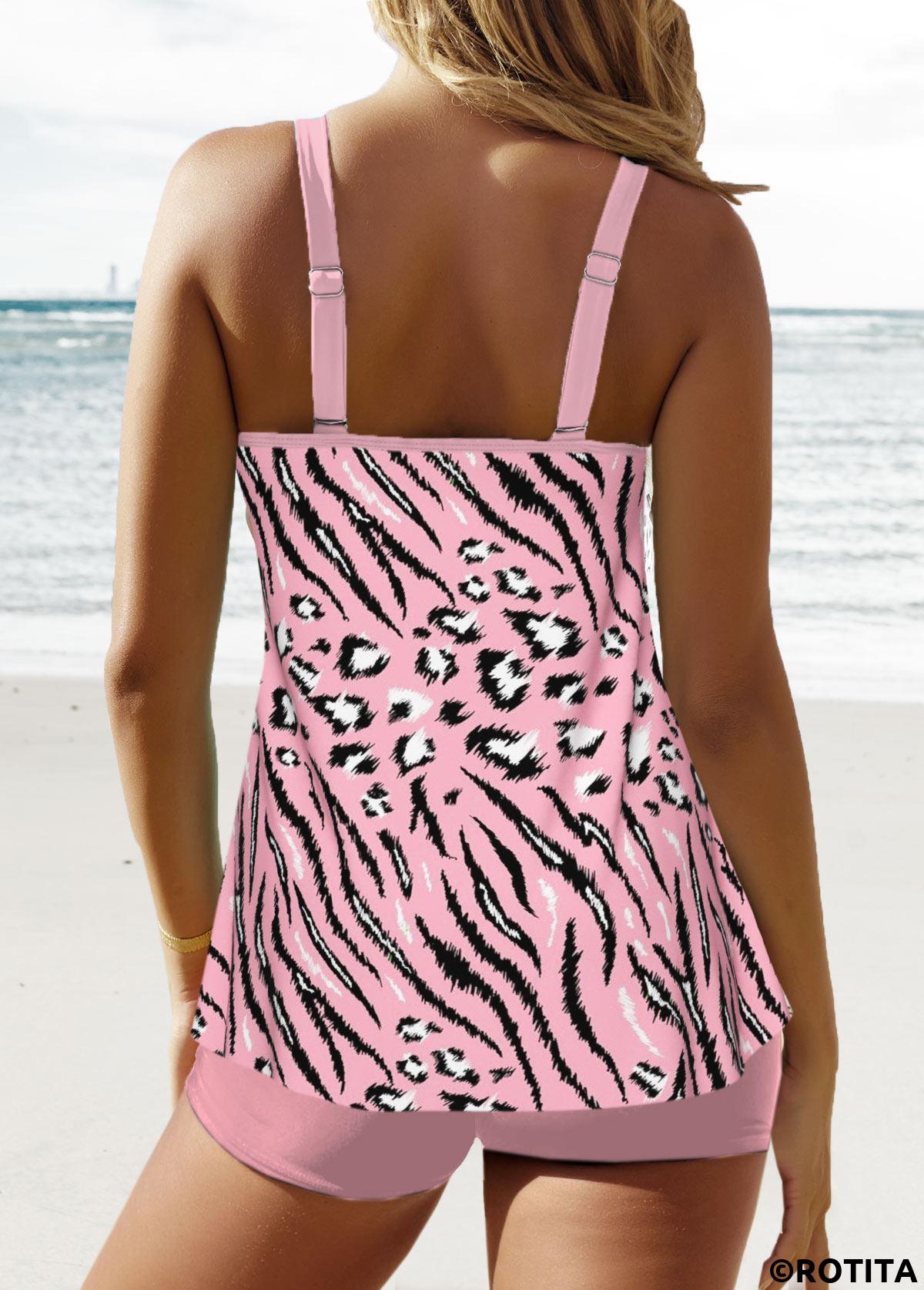 Pink swimwear,Animal Print swimwear,ROTITA Patchwork Pink Zebra Stripe Print Tankini Set