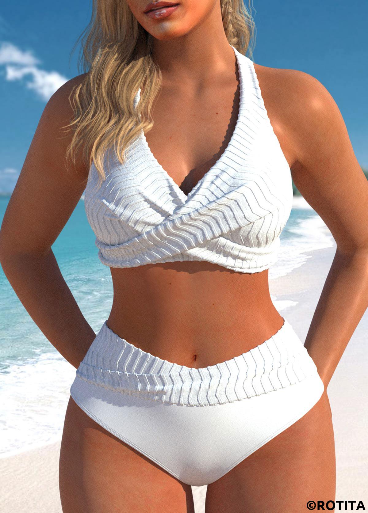 White swimwear,Plain Color swimwear,ROTITA Criss Cross Tie Back White Bikini Set