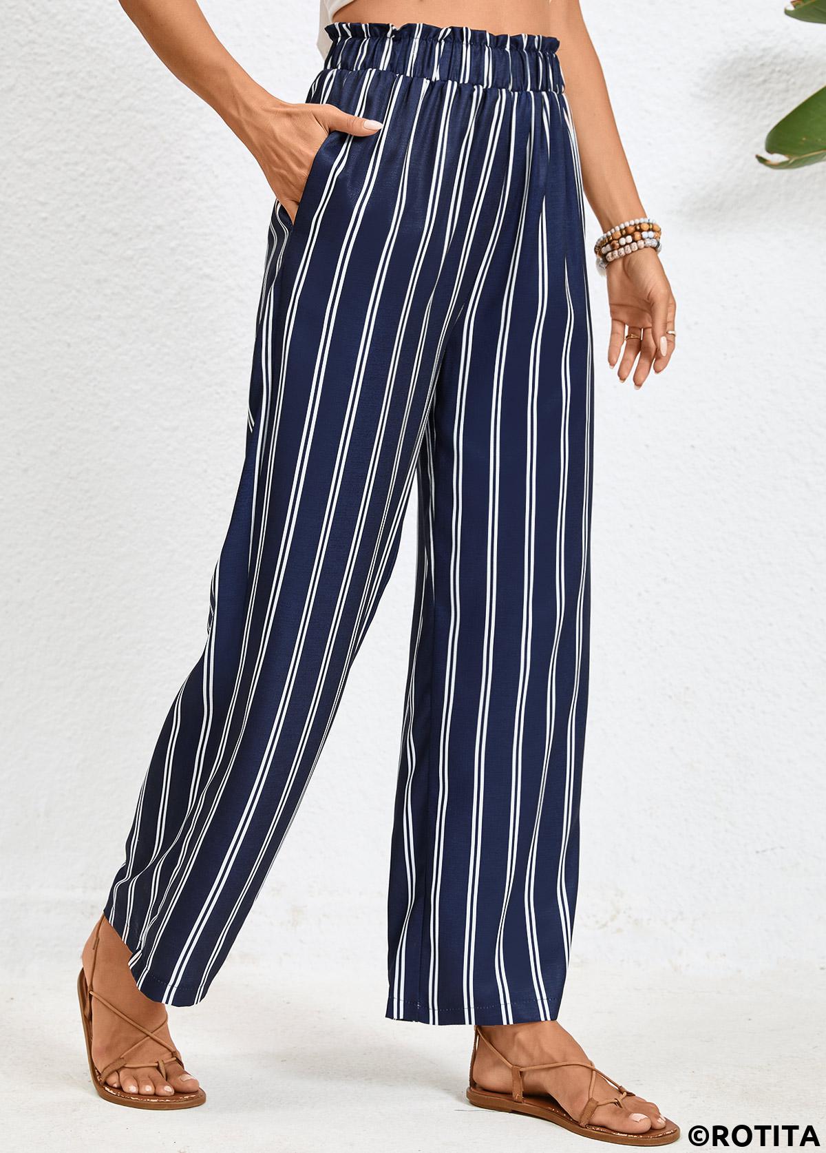Navy bottoms,White bottoms,Striped bottoms,Geometric bottoms,Double Side Pockets Striped Navy Elastic Waist Pants
