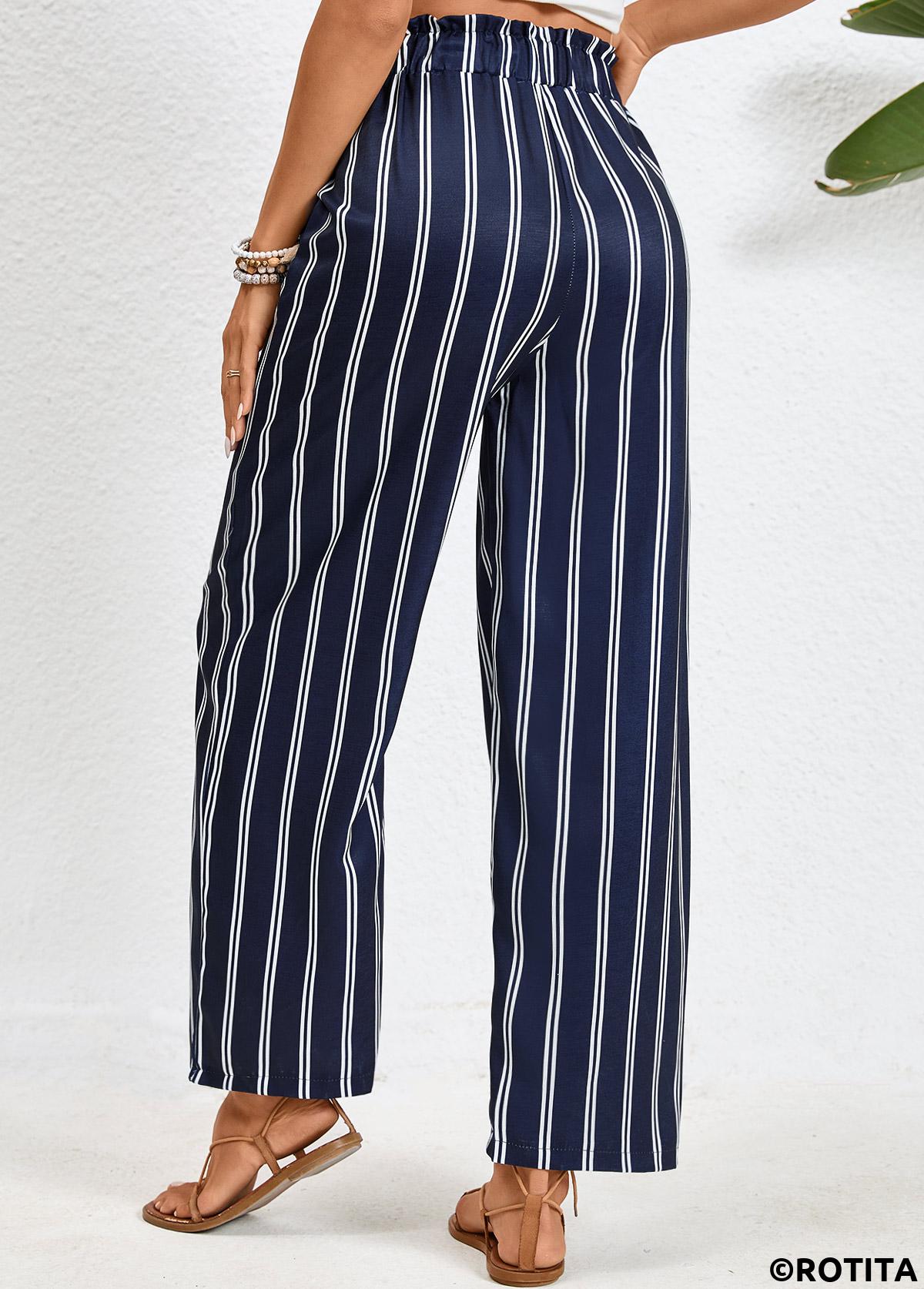 Navy bottoms,White bottoms,Striped bottoms,Geometric bottoms,Double Side Pockets Striped Navy Elastic Waist Pants
