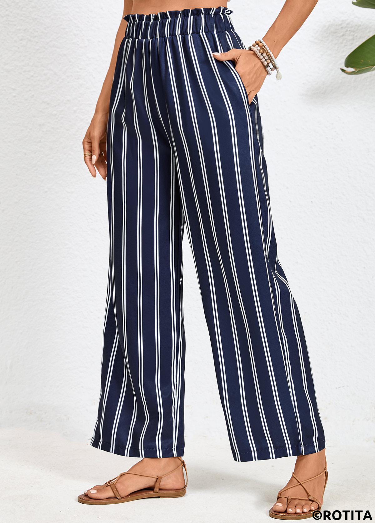 Navy bottoms,White bottoms,Striped bottoms,Geometric bottoms,Double Side Pockets Striped Navy Elastic Waist Pants