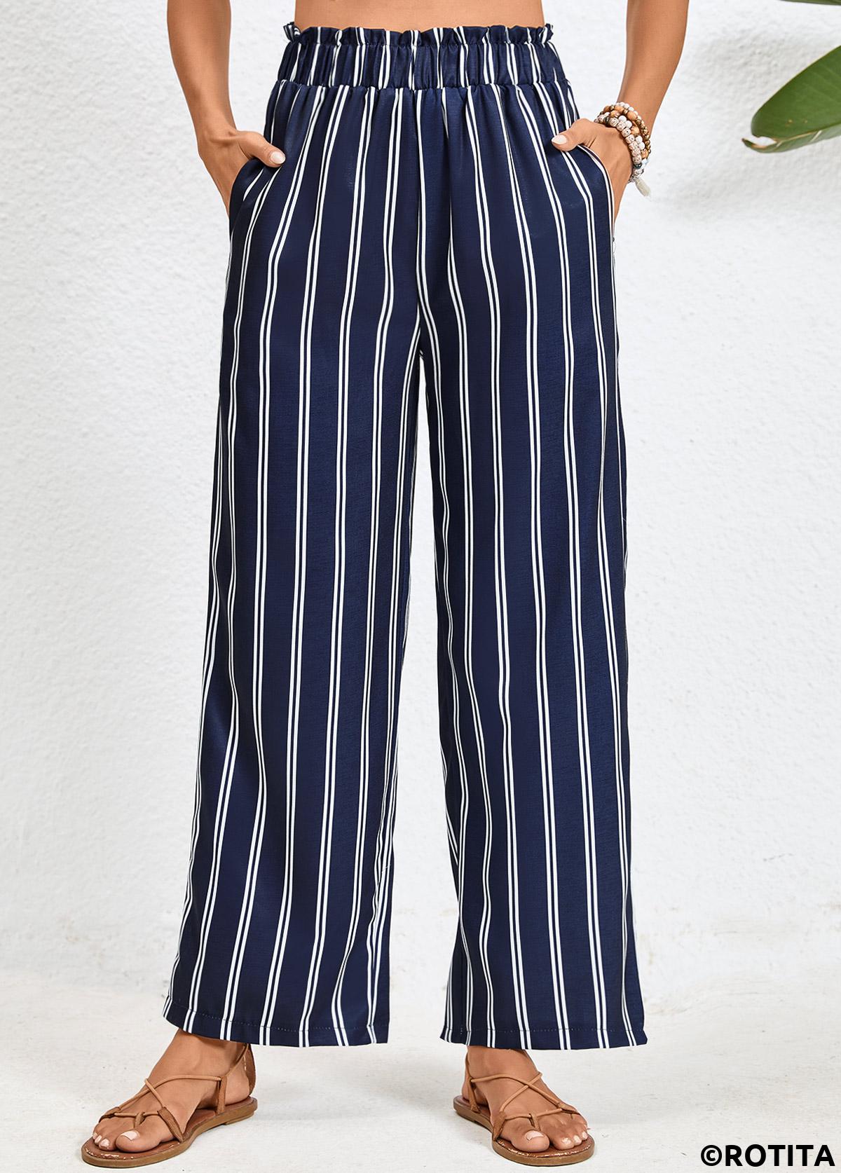 Navy bottoms,White bottoms,Striped bottoms,Geometric bottoms,Double Side Pockets Striped Navy Elastic Waist Pants
