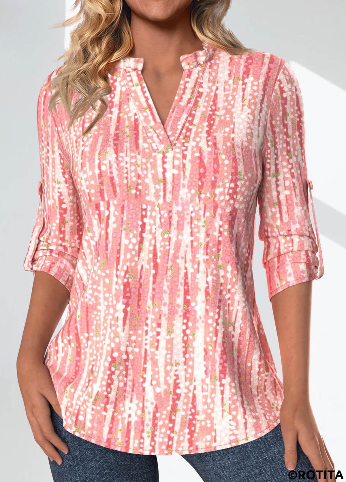 Pink tops,White tops,Striped tops,Geometric tops,Dot tops,ROTITA Frill Geometric Print Pink Split Neck 3/4 Sleeve Blouse