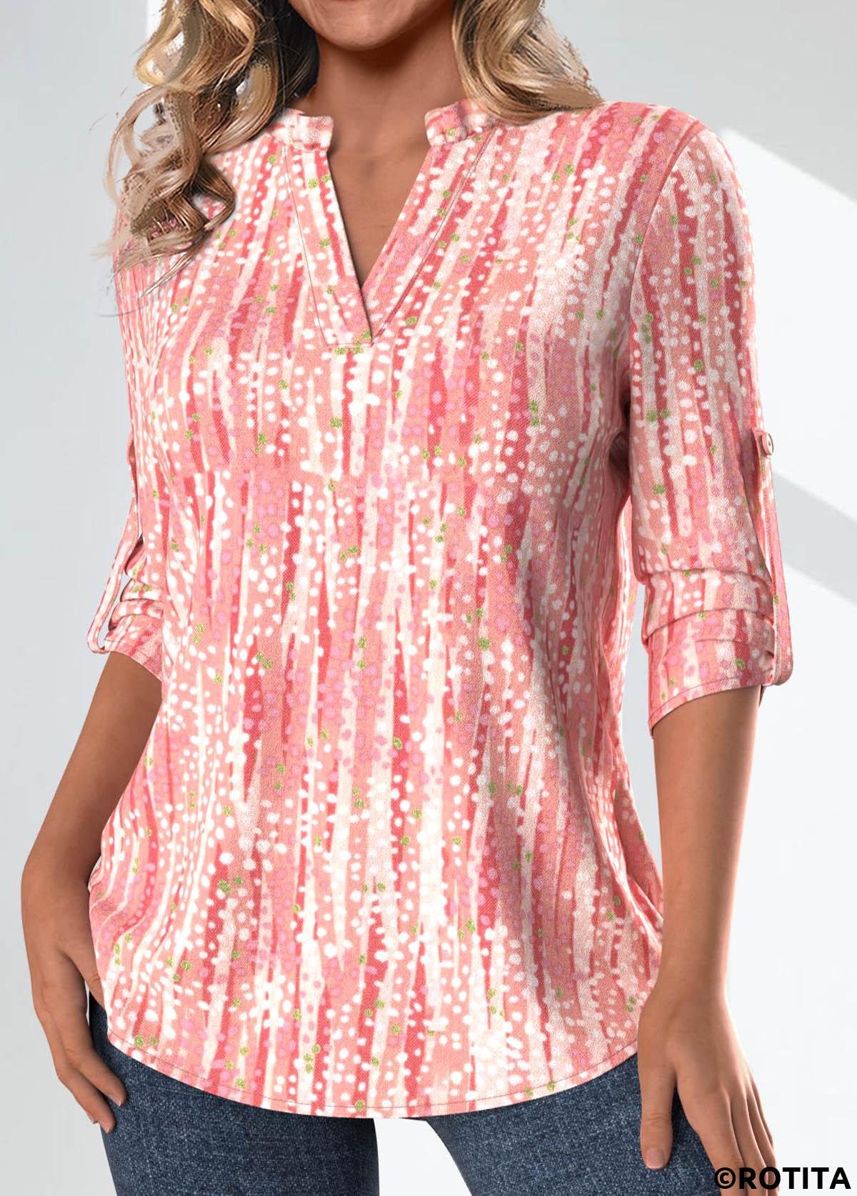 Pink tops,White tops,Striped tops,Geometric tops,Dot tops,ROTITA Frill Geometric Print Pink Split Neck 3/4 Sleeve Blouse