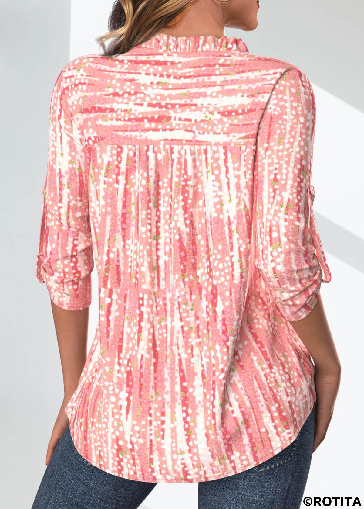 Pink tops,White tops,Striped tops,Geometric tops,Dot tops,ROTITA Frill Geometric Print Pink Split Neck 3/4 Sleeve Blouse