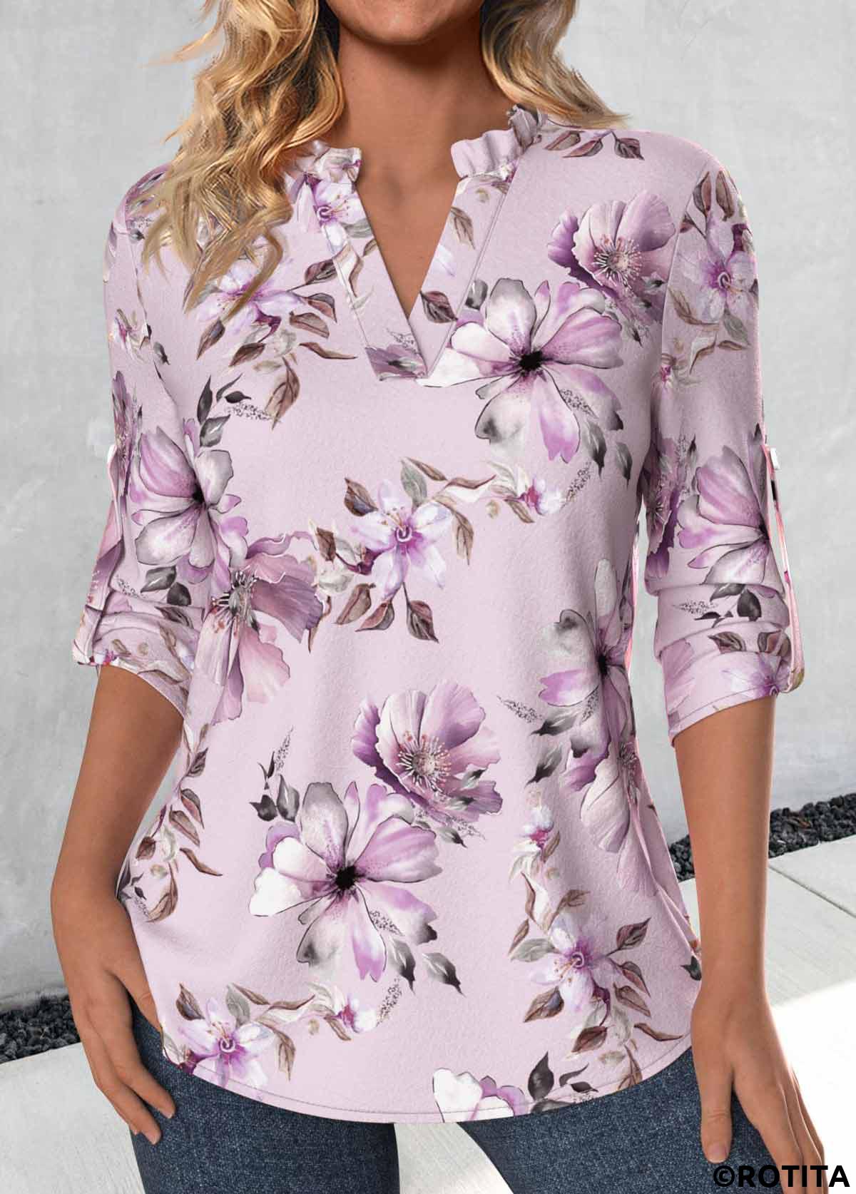 Rotita - Blouse violet clair à col fendu et imprimé floral à volants