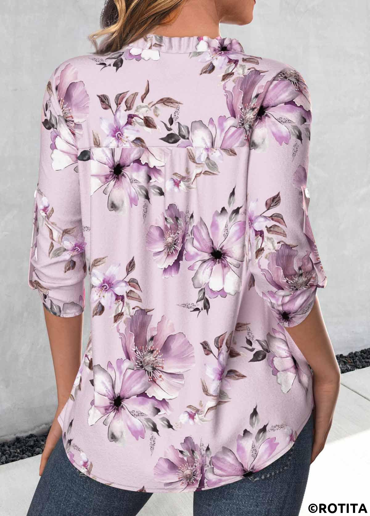 Rotita - Blouse violet clair à col fendu et imprimé floral à volants