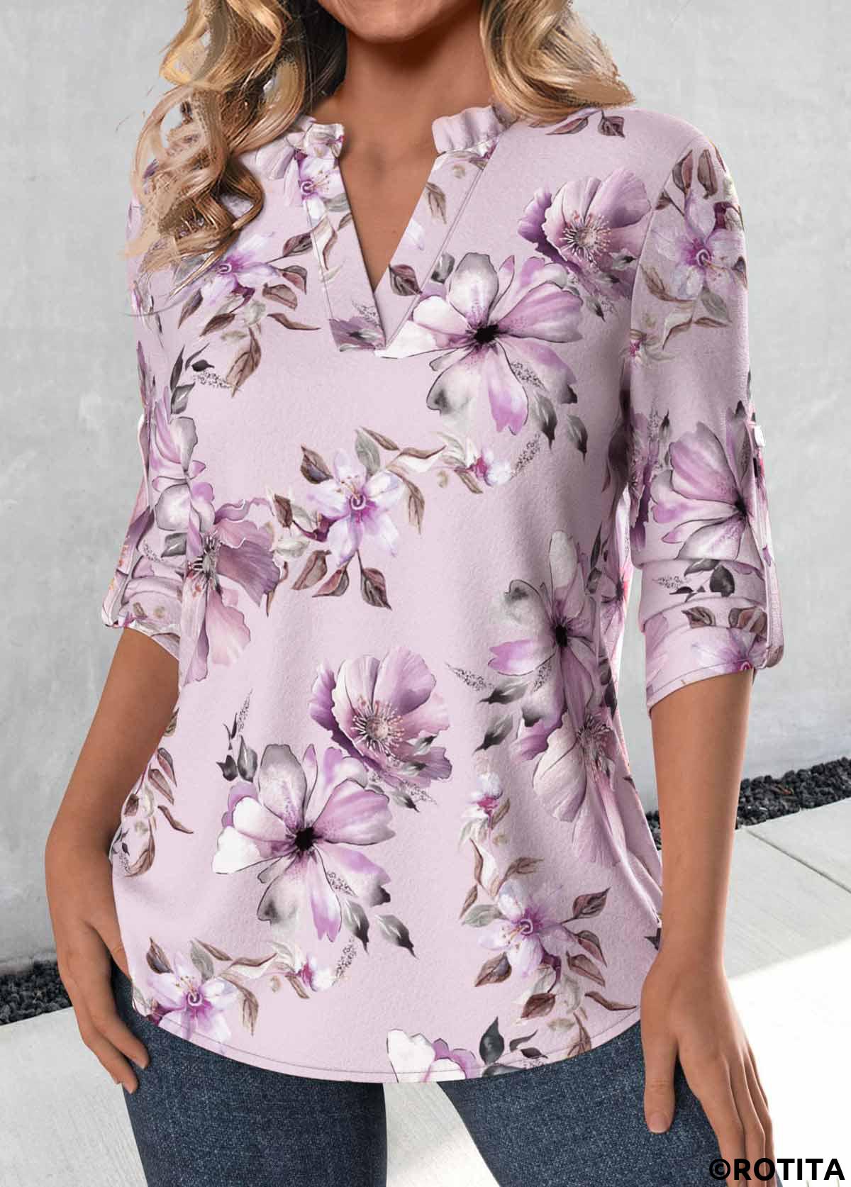 Rotita - Blouse violet clair à col fendu et imprimé floral à volants