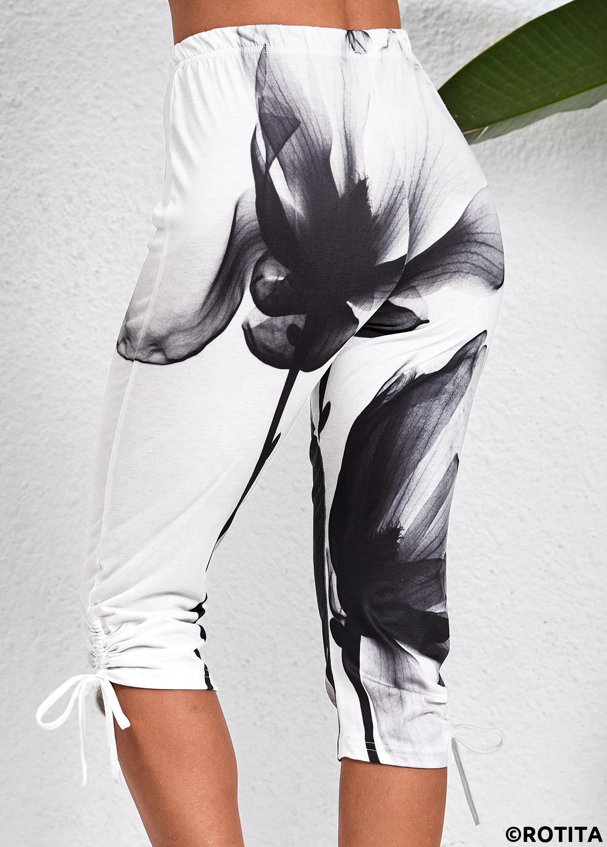 White bottoms,Black bottoms,Graphic bottoms,Floral bottoms,Plants bottoms,Drawstring Ink Painting Print White Skinny Elastic Waist Pants
