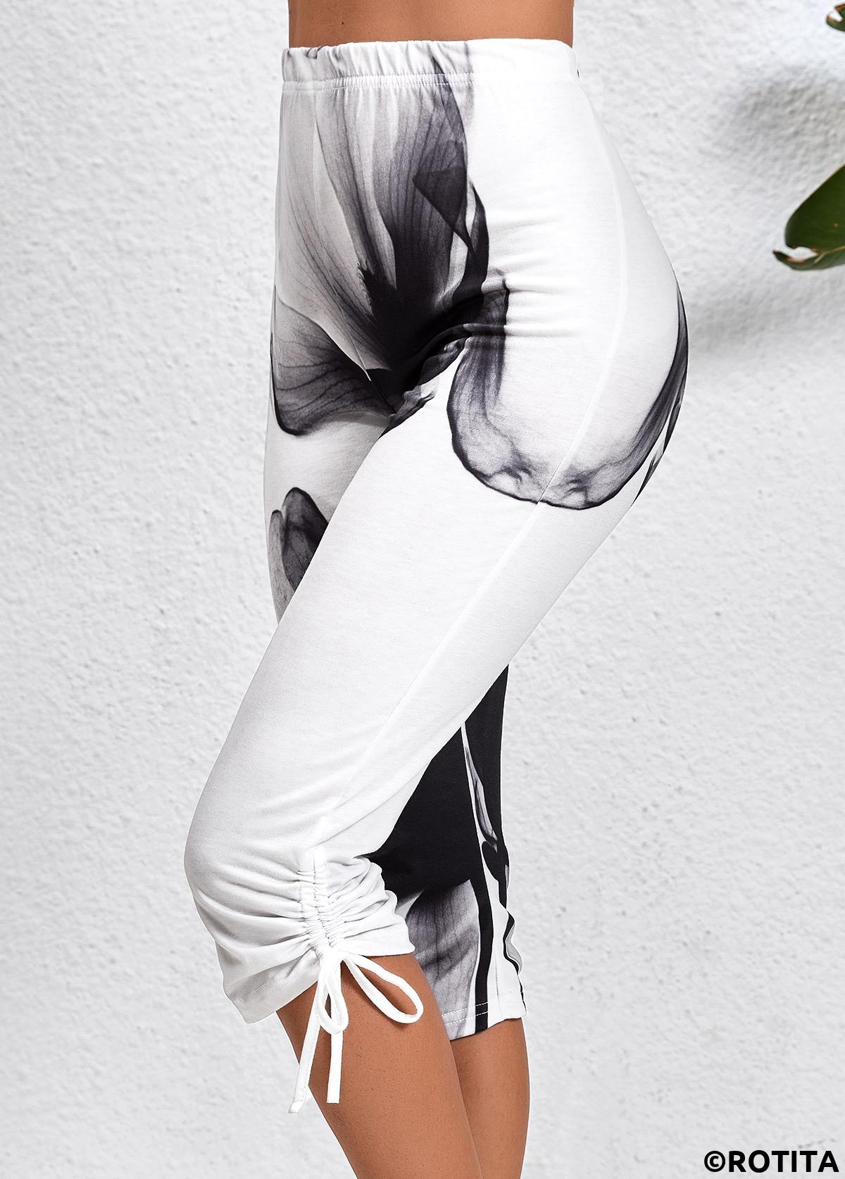 White bottoms,Black bottoms,Graphic bottoms,Floral bottoms,Plants bottoms,Drawstring Ink Painting Print White Skinny Elastic Waist Pants