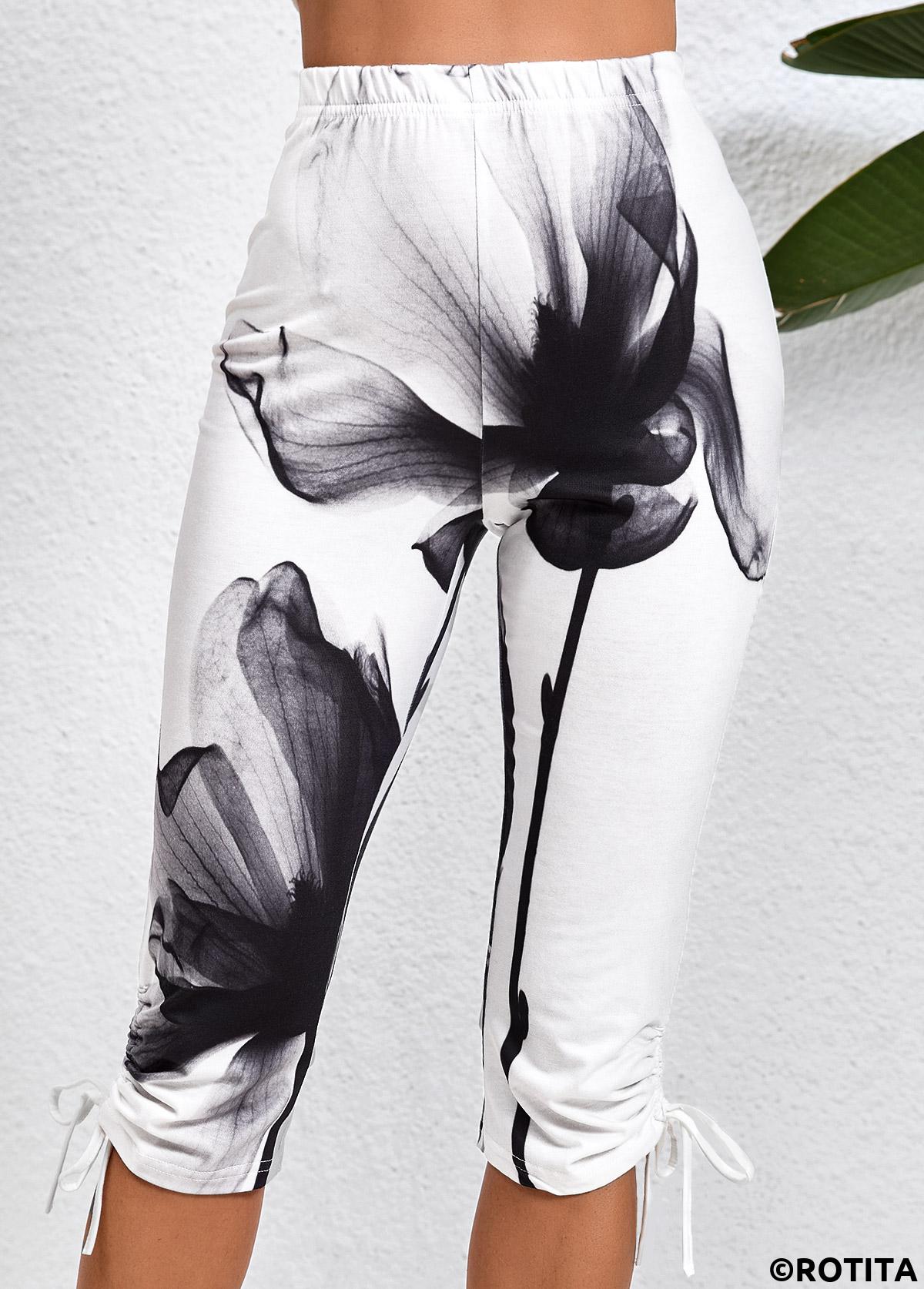 White bottoms,Black bottoms,Graphic bottoms,Floral bottoms,Plants bottoms,Drawstring Ink Painting Print White Skinny Elastic Waist Pants