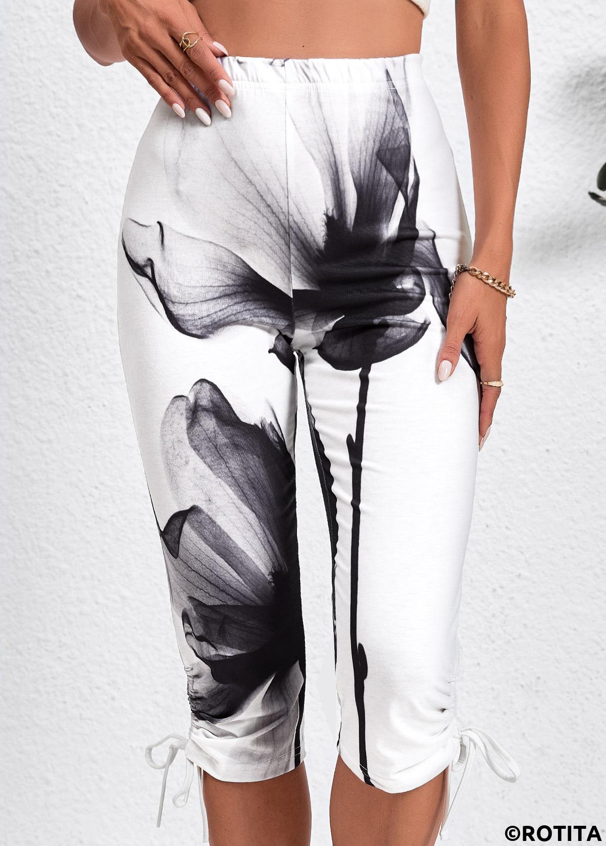 White bottoms,Black bottoms,Graphic bottoms,Floral bottoms,Plants bottoms,Drawstring Ink Painting Print White Skinny Elastic Waist Pants