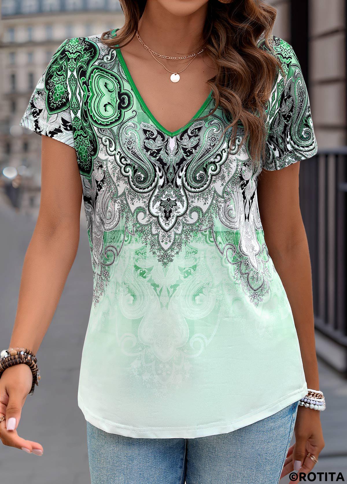 Tribal Print Green V Neck Short Sleeve T Shirt