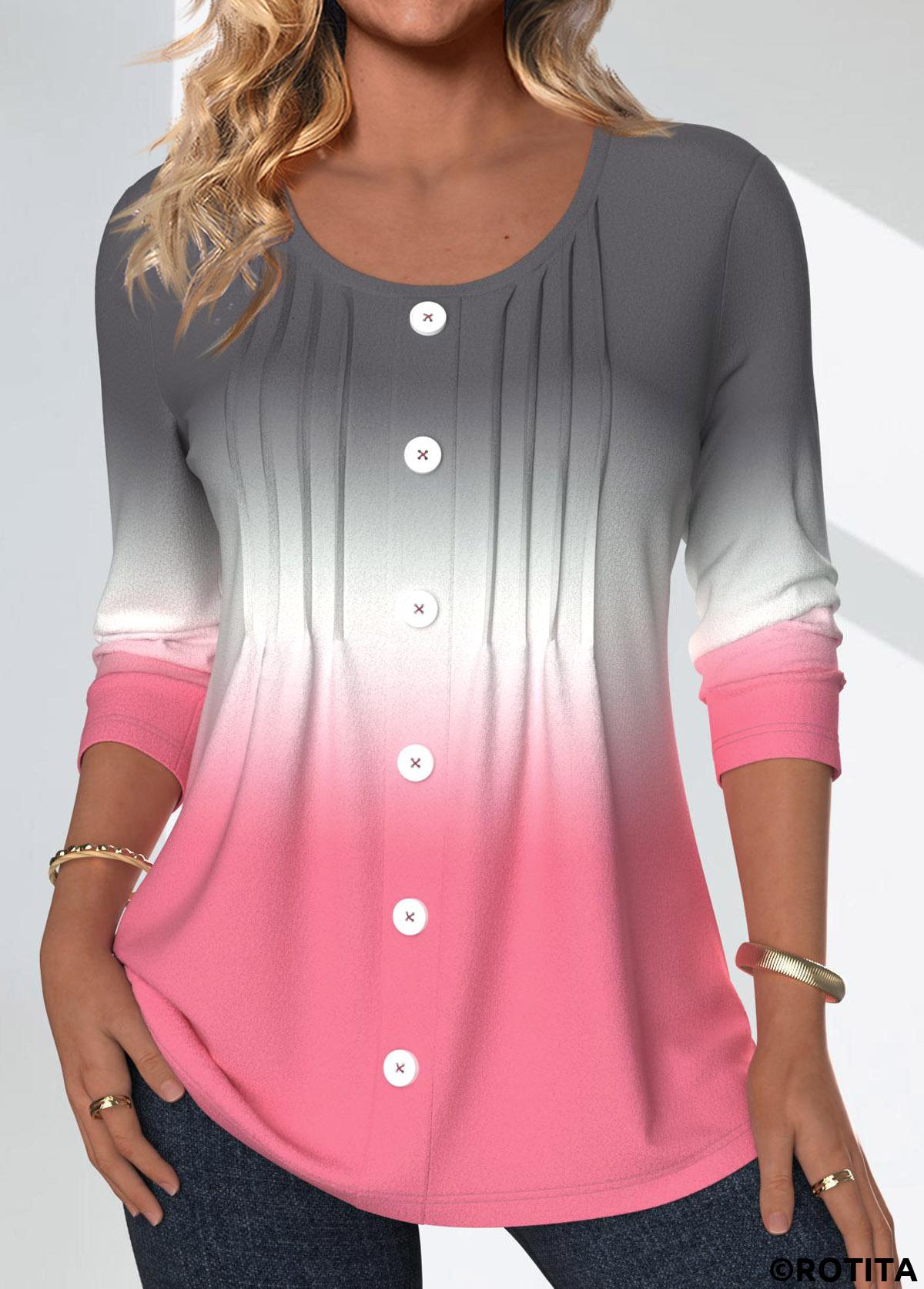 Pink tops,Grey tops,Ombre tops,ROTITA Tuck Stitch Ombre Pink Round Neck Long Sleeve Blouse