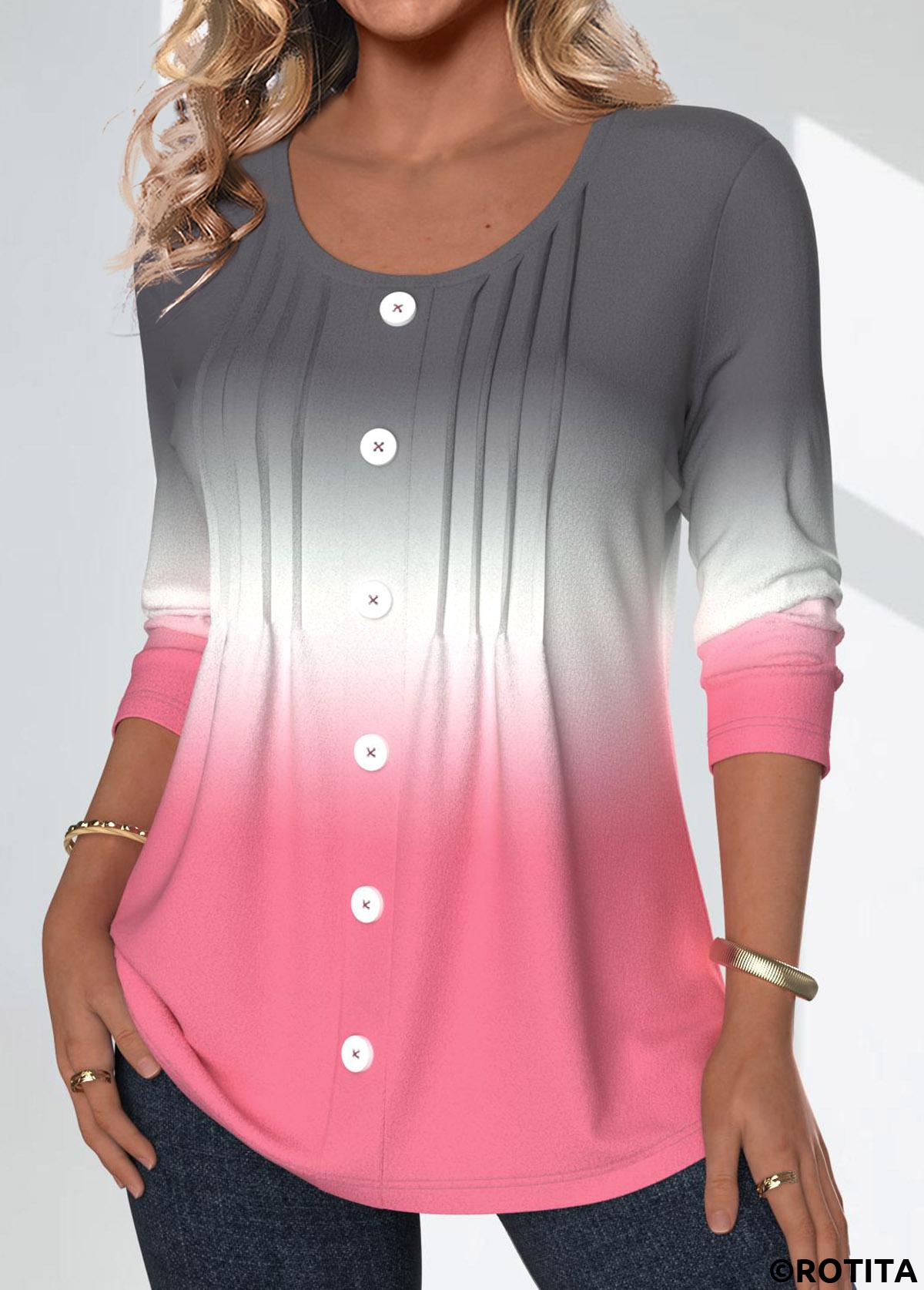 Pink tops,Grey tops,Ombre tops,ROTITA Tuck Stitch Ombre Pink Round Neck Long Sleeve Blouse