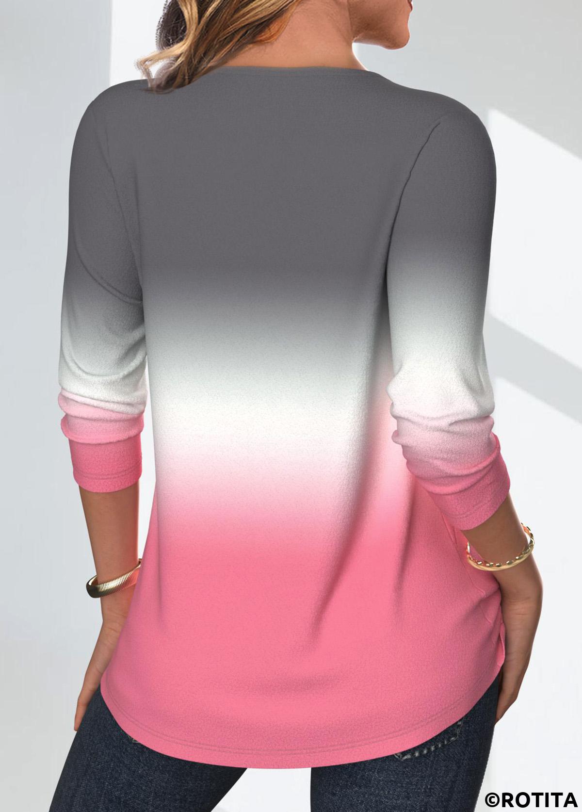 Pink tops,Grey tops,Ombre tops,ROTITA Tuck Stitch Ombre Pink Round Neck Long Sleeve Blouse