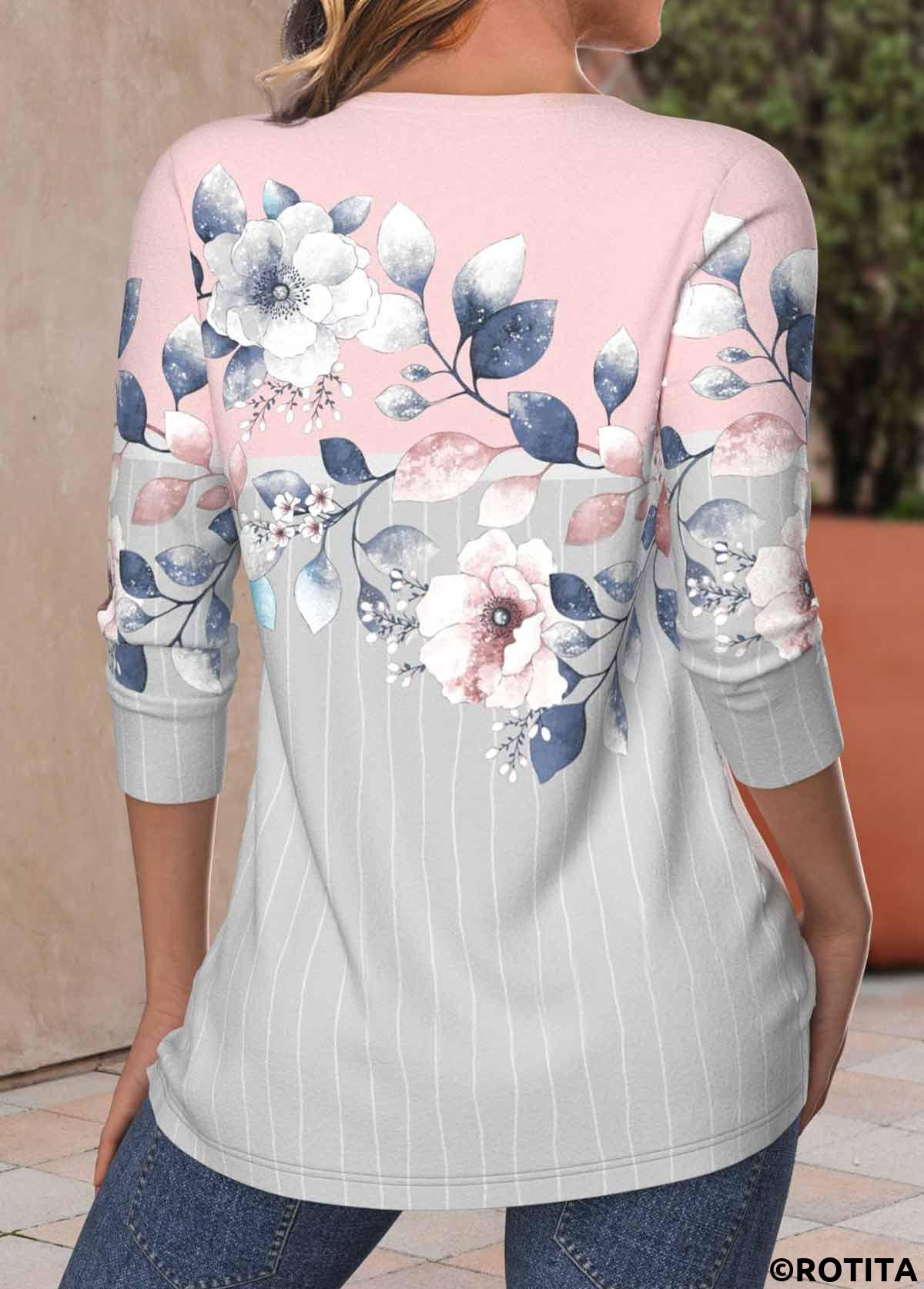 t-shirt rose clair à imprimé floral croisé rotita