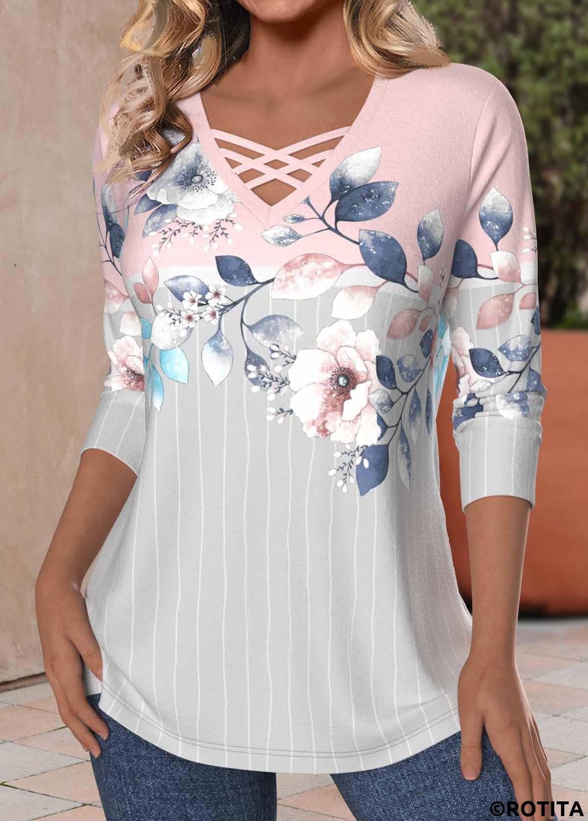 t-shirt rose clair à imprimé floral croisé rotita