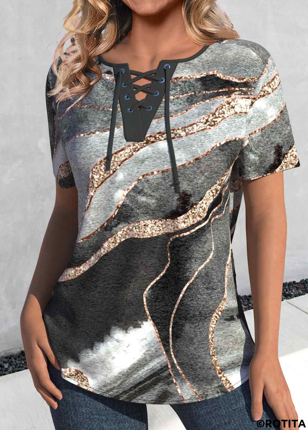 ROTITA Lace Up Marble Print Dark Grey Marl T Shirt