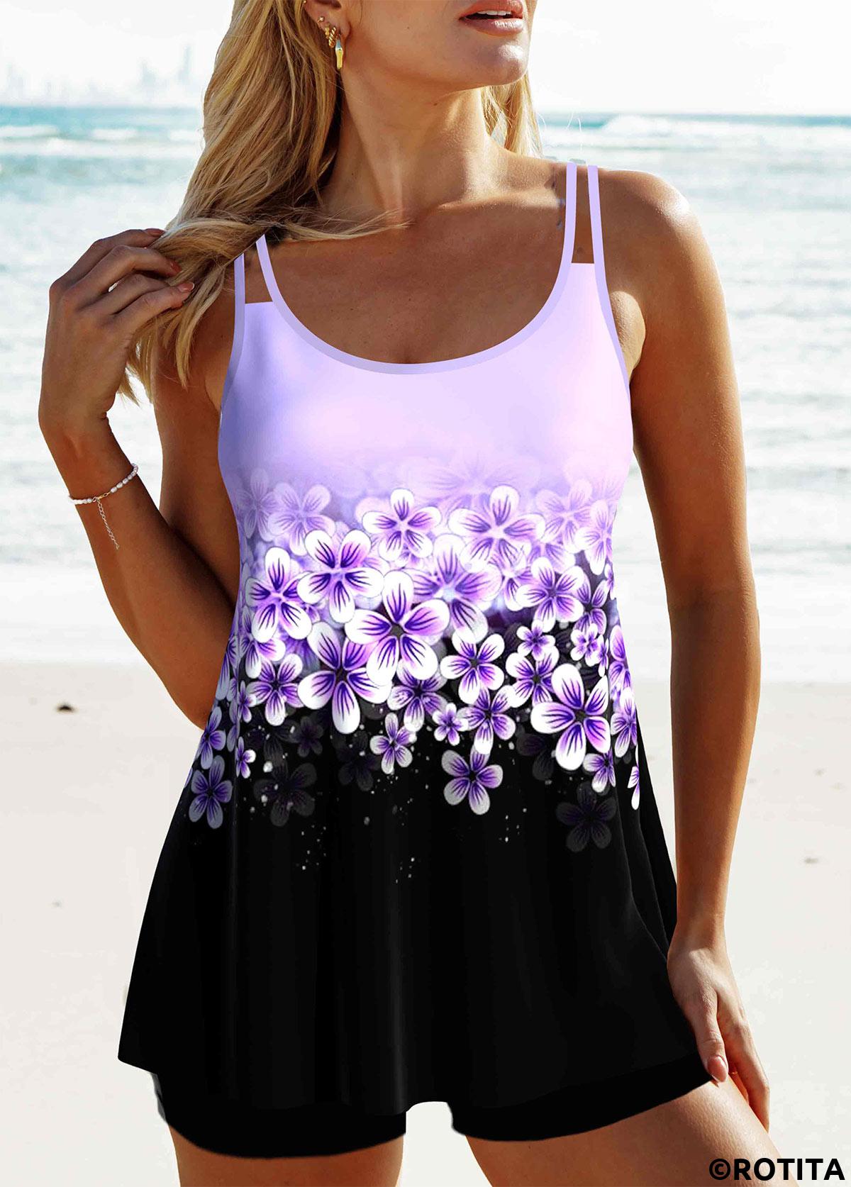Light Purple swimwear,Black swimwear,Floral swimwear,Plants swimwear,Ombre swimwear,ROTITA Patchwork Light Purple Floral Print Tankini Top