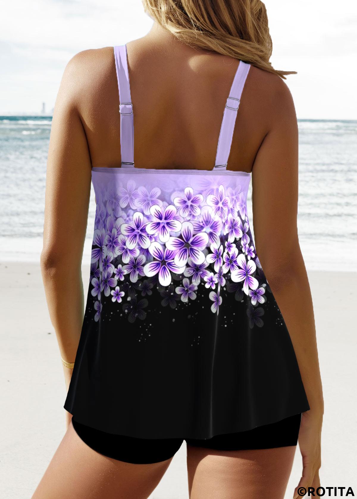 Light Purple swimwear,Black swimwear,Floral swimwear,Plants swimwear,Ombre swimwear,ROTITA Patchwork Light Purple Floral Print Tankini Top
