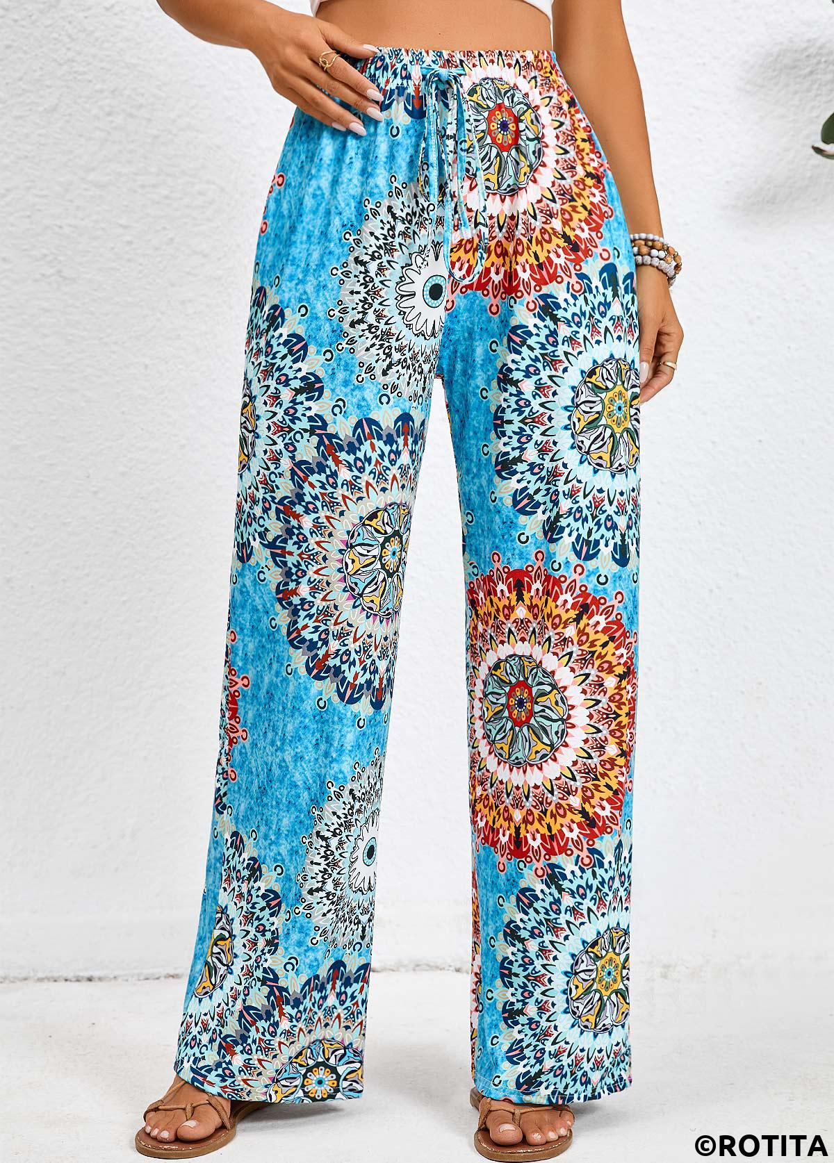 Neon Blue bottoms,Tribal bottoms,Pocket Tribal Print Neon Blue Elastic Waist Pants