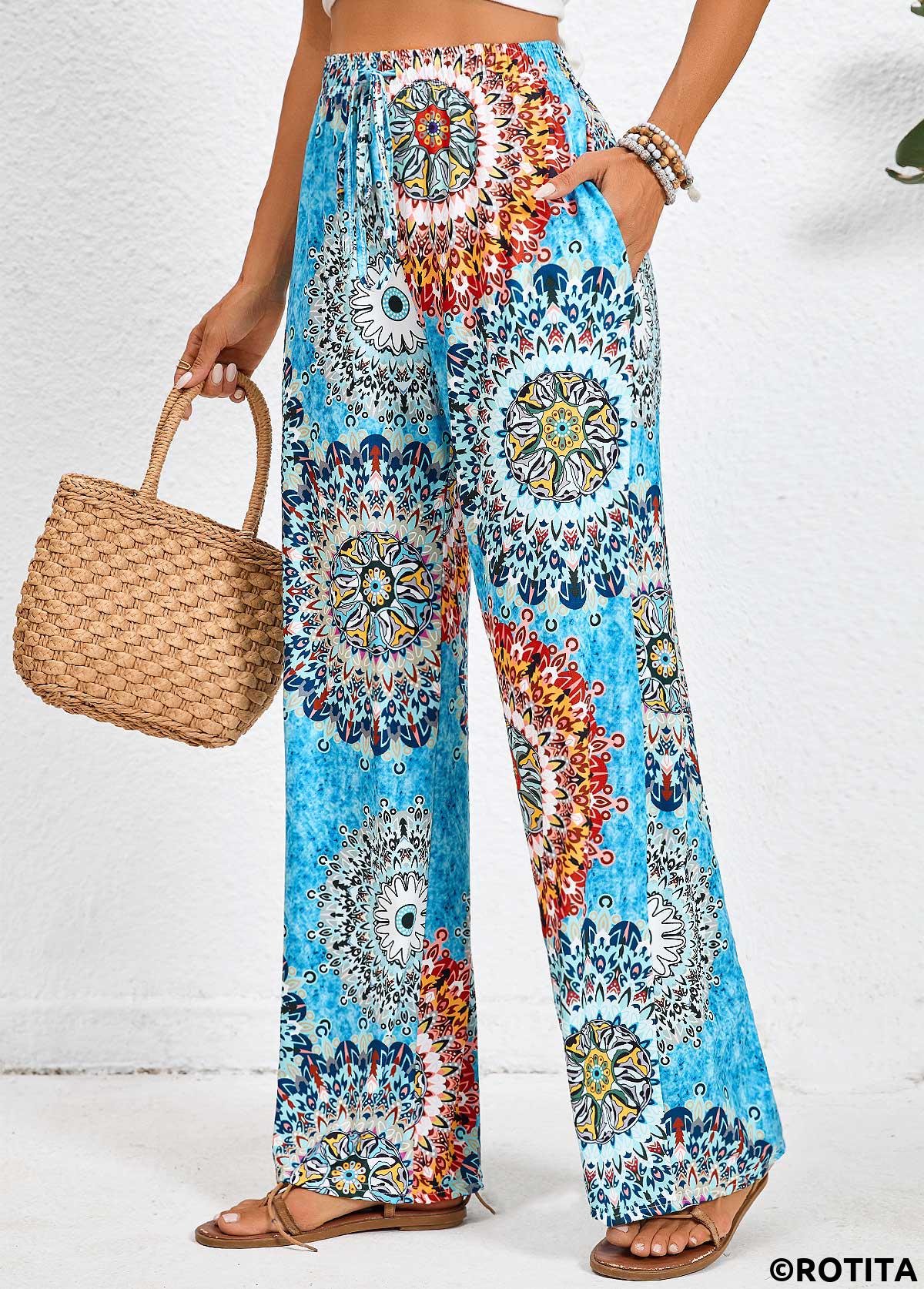Neon Blue bottoms,Tribal bottoms,Pocket Tribal Print Neon Blue Elastic Waist Pants