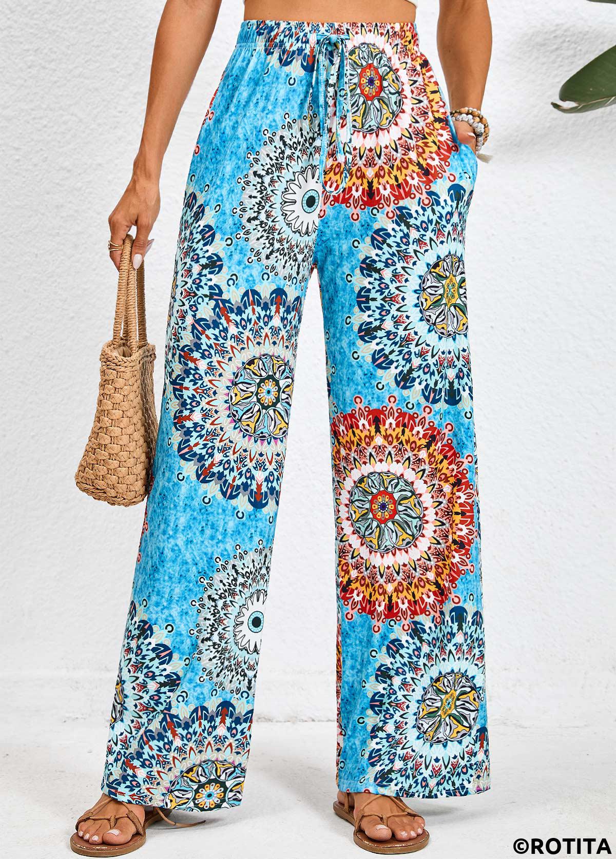 Neon Blue bottoms,Tribal bottoms,Pocket Tribal Print Neon Blue Elastic Waist Pants