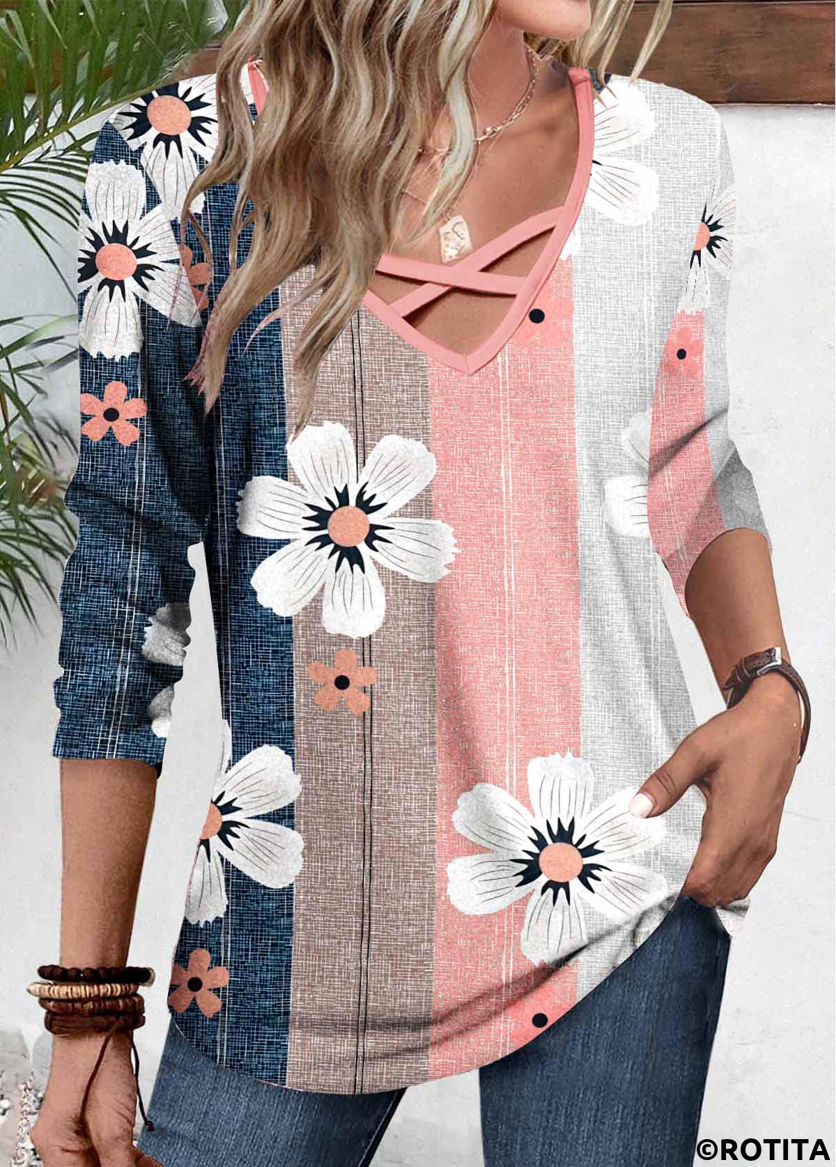 Multi Color tops,Pink tops,Floral tops,Plants tops,Striped tops,ROTITA Patchwork Floral Print Multi Color V Neck T Shirt
