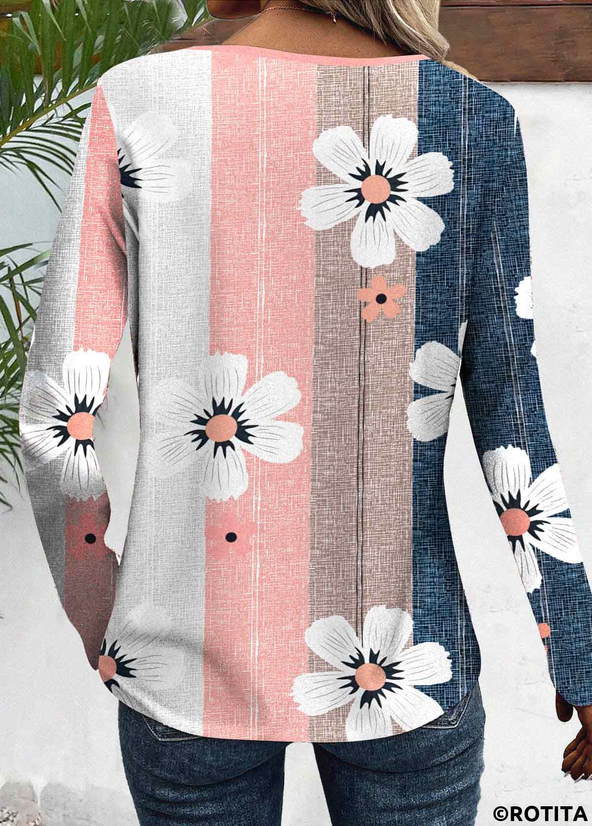 Multi Color tops,Pink tops,Floral tops,Plants tops,Striped tops,ROTITA Patchwork Floral Print Multi Color V Neck T Shirt