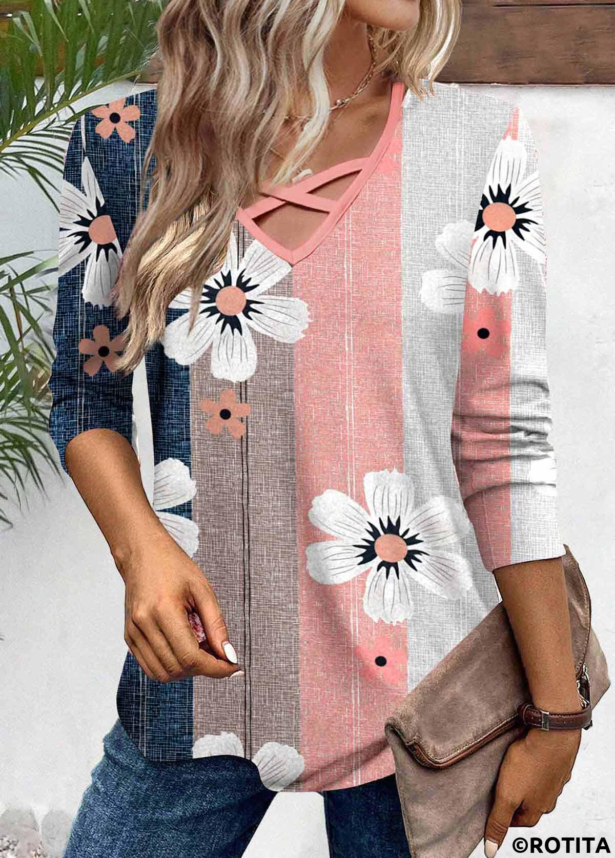 Multi Color tops,Pink tops,Floral tops,Plants tops,Striped tops,ROTITA Patchwork Floral Print Multi Color V Neck T Shirt